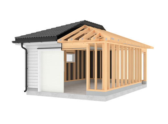 Hvit garasje med sort tak ved siden av lys trestender-ramme på grå betonggrunn.