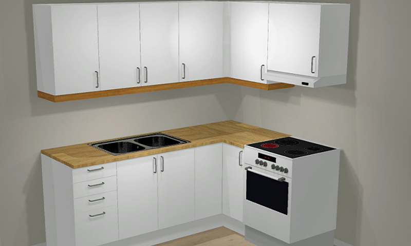 Hvitt L-kjøkken med lys trebenk, øvre skap, dobbel svart vask og hvit komfyr.