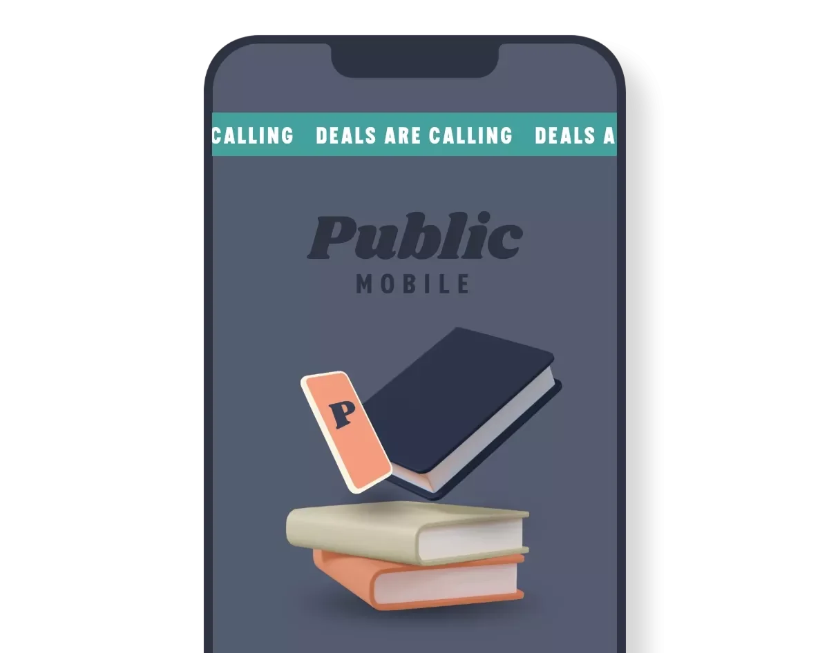 Public Mobile phone with 5G books and deals ticker tape