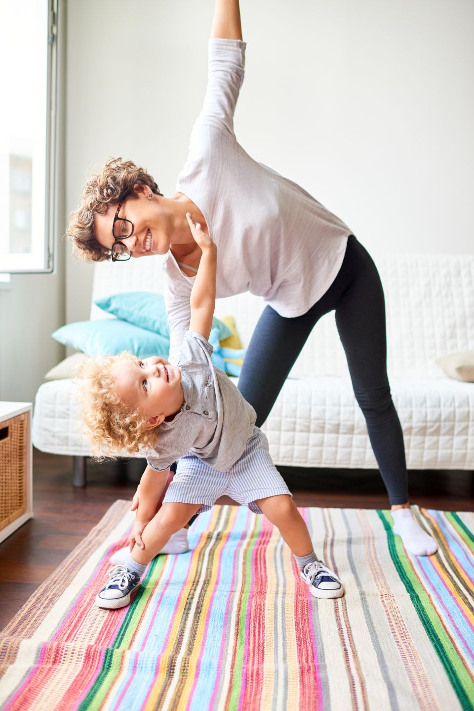 Mother and son stretching