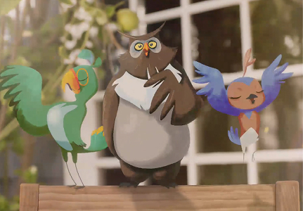 A cartoon owl, surrounded by other cartoon birds.