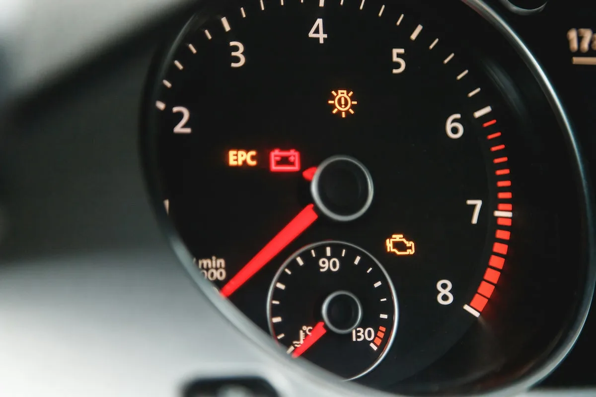 Car Dashboard Warning Lights A car dashboard with various warning lights & symbols