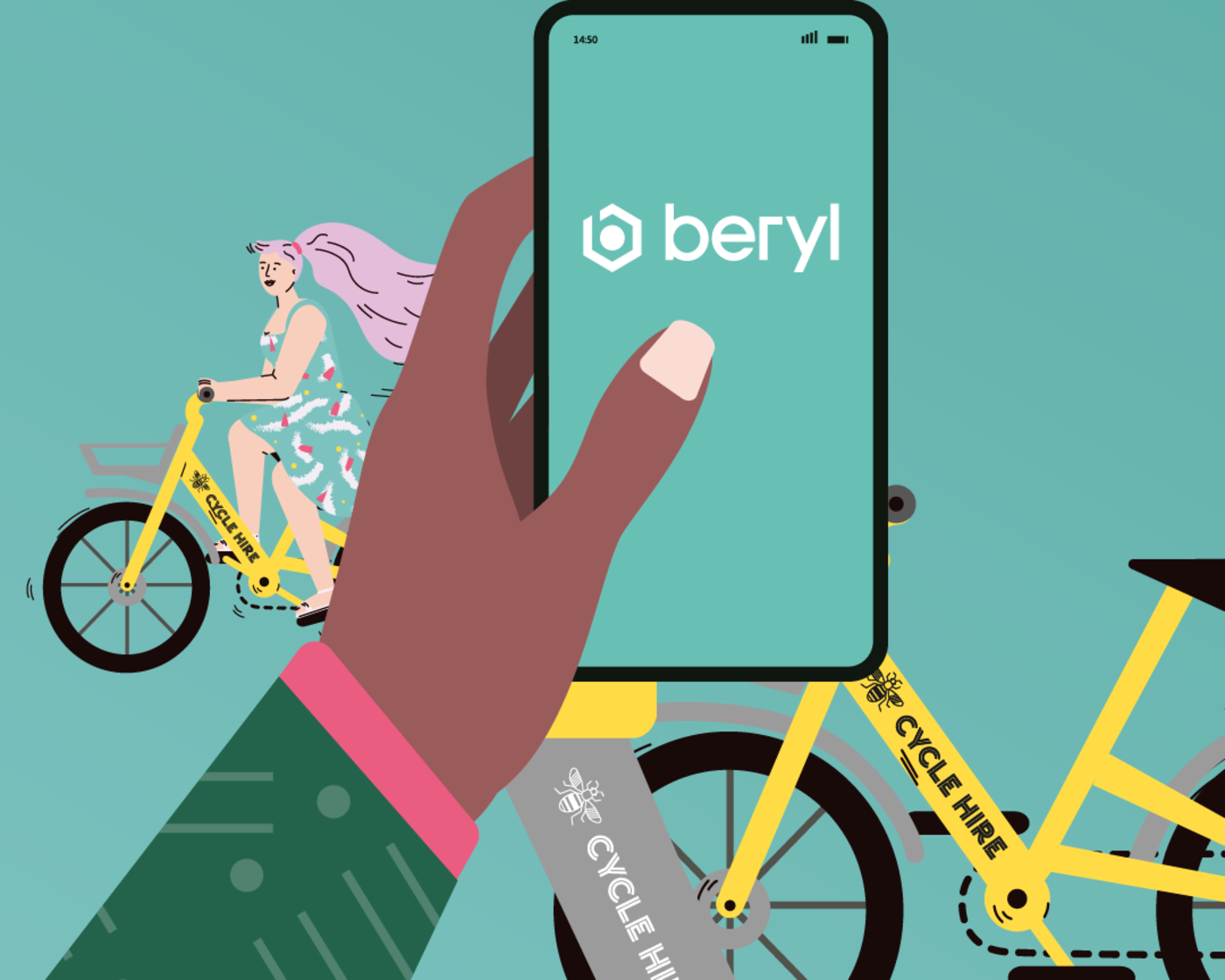 A graphic showing a phone with the Beryl logo, and cycle hire bikes placed behind