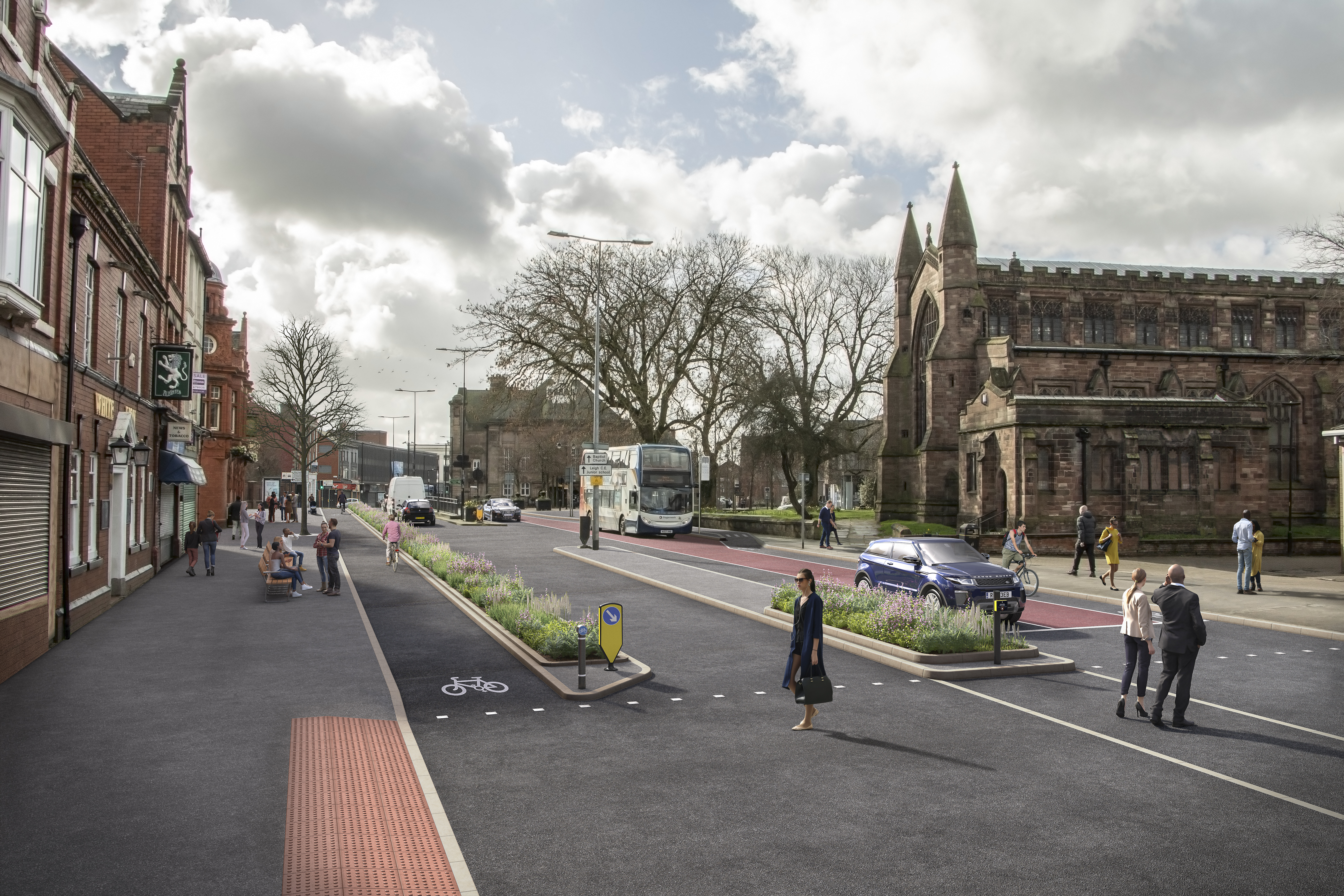 A visualisation of how cycling and walking facilities in Leigh could look 