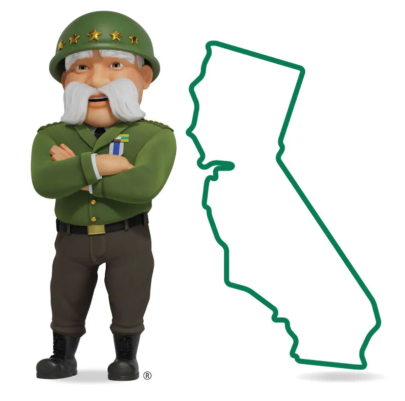california-lockup The General standing in front of California with his arms crossed and a smile.