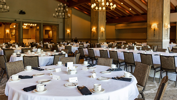 Grand Hall at SentryWorld set with tables for dining