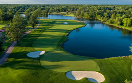 Aerial view of a water hole at the SentryWorld golf course