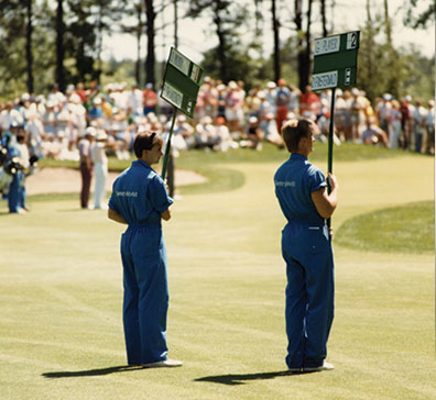 Two people holding golf tournament signs in the 1900's at SentryWorld