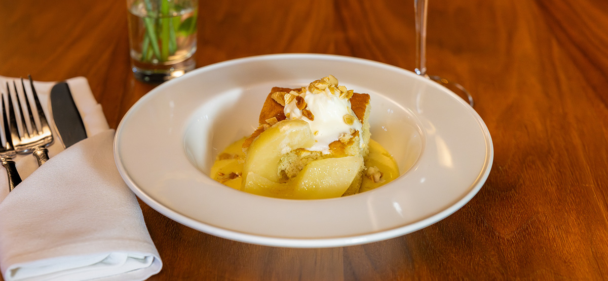 Bowl of cardamom pear cake.