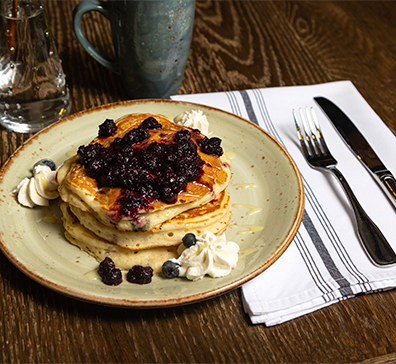 Blueberry pancakes in the Library Cafe at SentryWorld