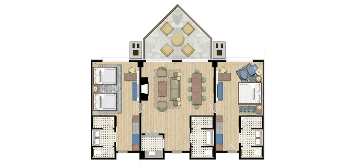 carousel-suite-golf-view-king-queen-10-1200x556 Floor plan illustration of a two bedroom suite.