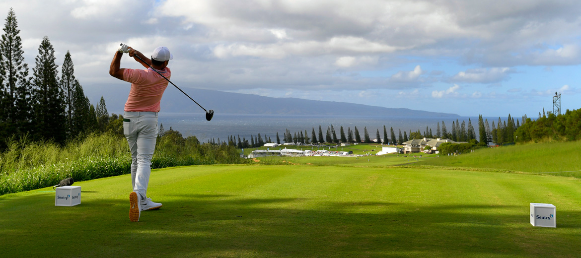 Golfer at The Sentry teeing off on the course