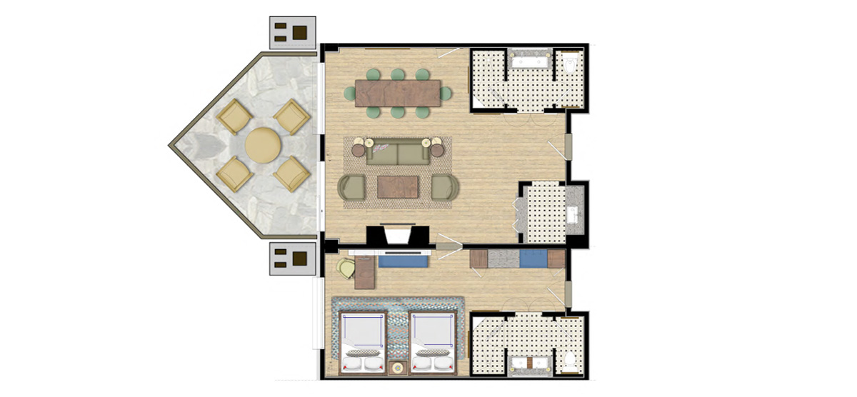 carousel-suite-golf-view-queen-8-1200x556 Floor plan illustration of a queen suite.