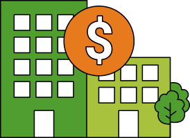 Icon of two buildings and a dollar sign in front of them