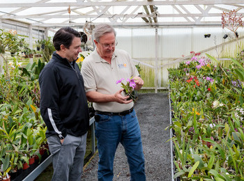 Employee and Hortica representative looking at flowers in a Sunset Valley Orchids greenhouse