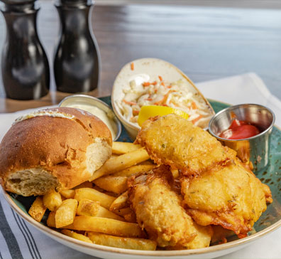 Fish and chips basket at PJ's - SentryWorld