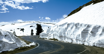 Winding road between snow