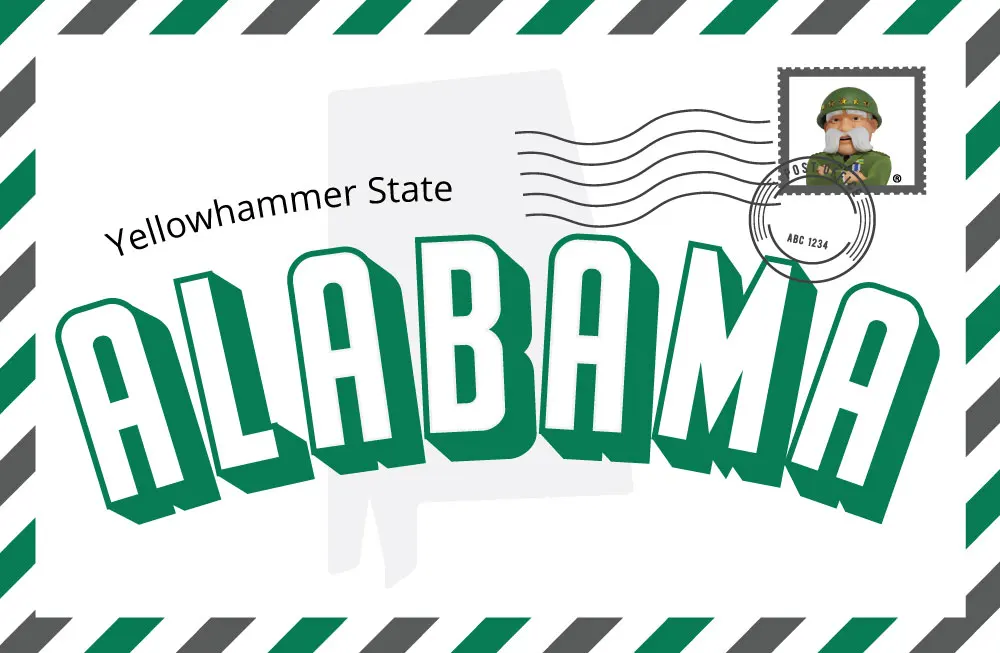 alabama-post-card Alabama postcard featuring ‘ALABAMA’ text, ‘Yellowhammer State’, and a stamp