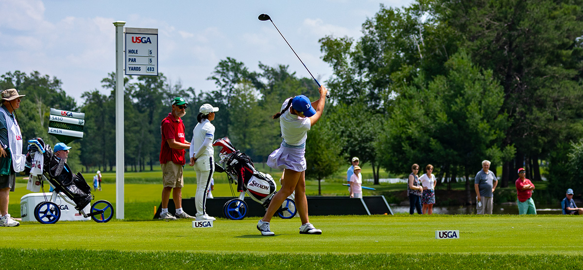 Anne Chen teeing off at hole 5 at the USGA championship at SentryWorld