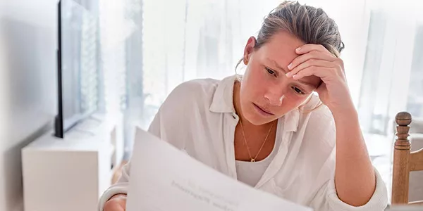 a woman looking concerned and reading a document