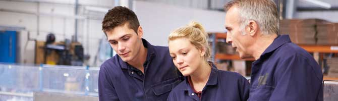 Group of employees in factory working together