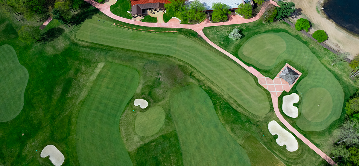 Aerial view of the outdoor practice area at the SentryWorld golf course