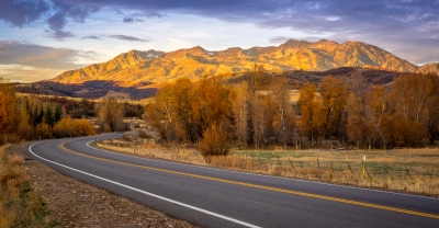 Sunset mountain and road landscape