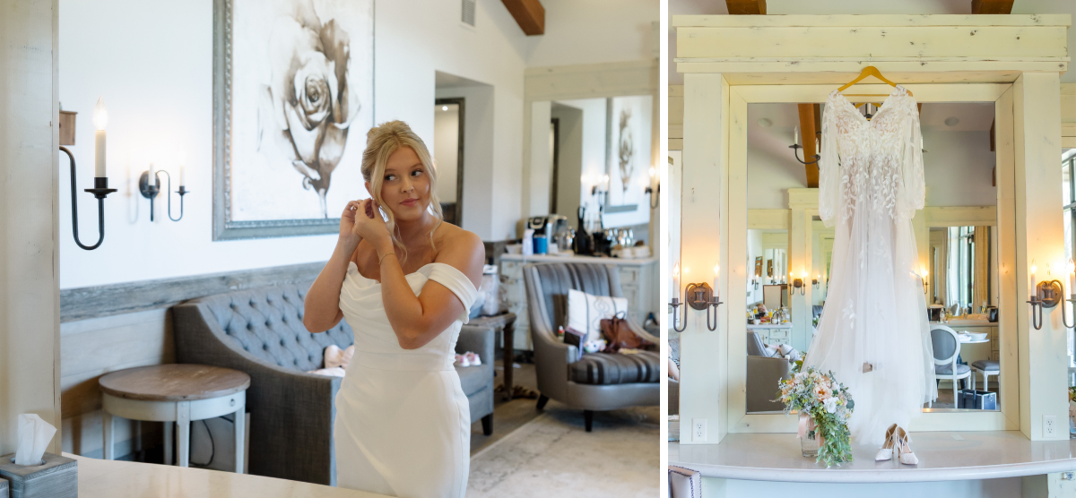 Bride adjusting outfit in the SentryWorld salon next to a dressing hanging up.