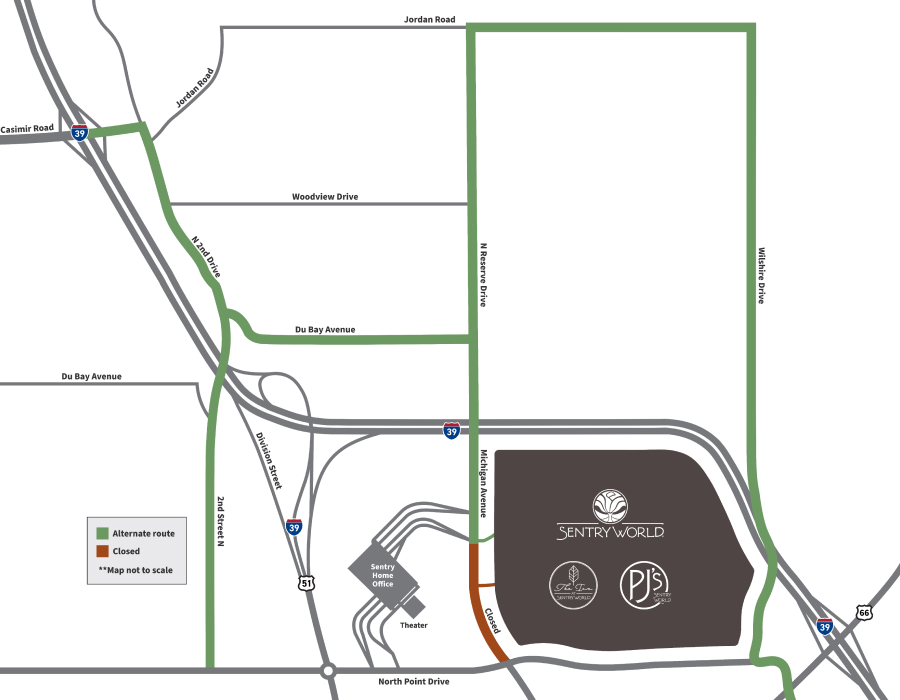 Detour map for SentryWorld for the week of June 22–26.