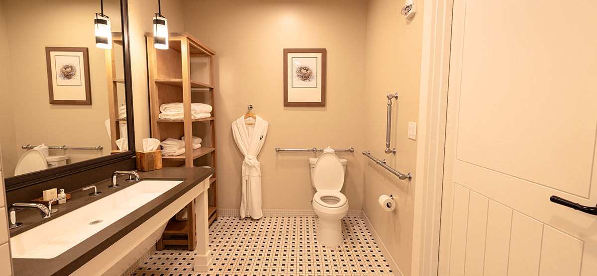 carousel-accessible-queen-terrace-5-1200x556 Accessible bathroom with sink wheelchair space and grab bars around toilet.