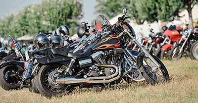 Row of parked motorcycles in a field