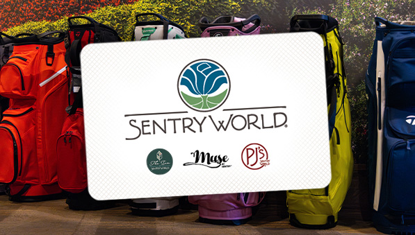 Image of golf bags behind a larger gift card image. 