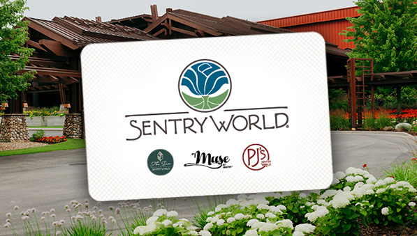50-50-online-gift-cards-dining-597x339 Image of SentryWorld entrance behind a larger gift card image.