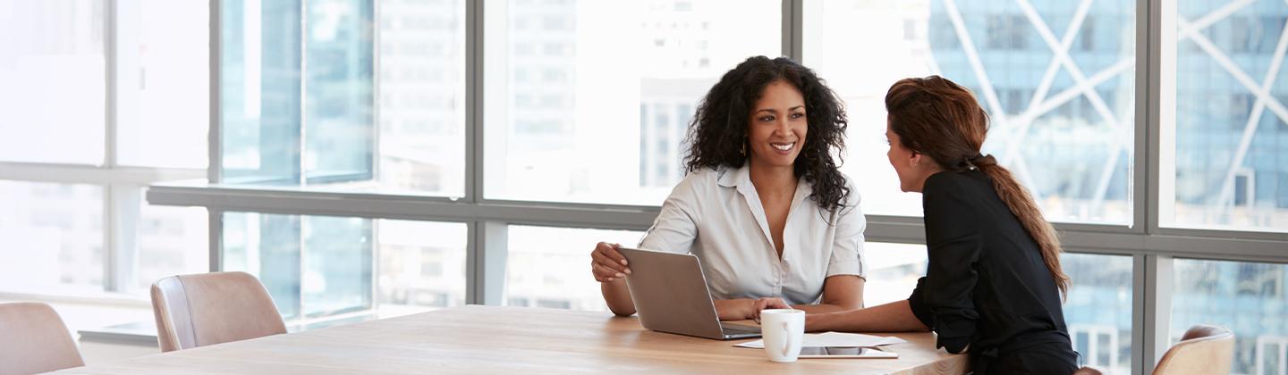 Two women meeting in and office with a laptop