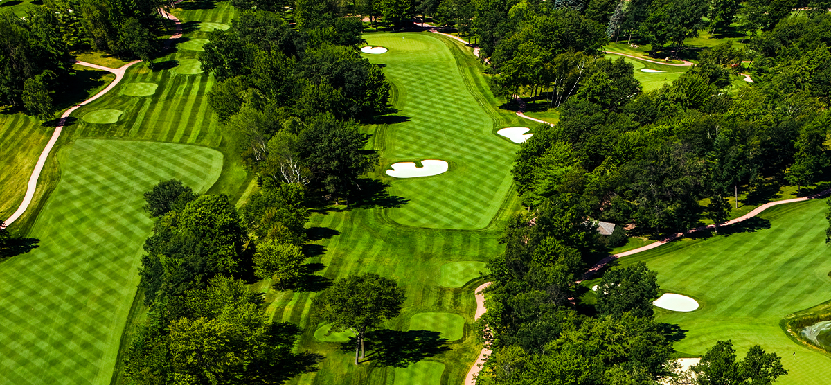 Aerial view of the fifth, sixth, and seventh holes at the SentryWorld golf course