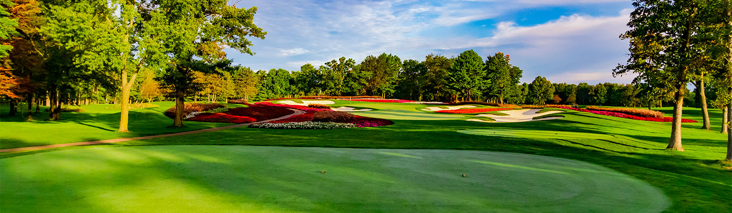 SentryWorld golf course flower hole in summer