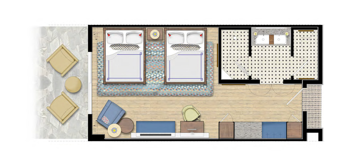 carousel-queen-terrace-6-1200x556 Floor plan illustration of a queen terrace room.