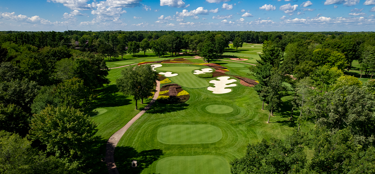 Aerial view of the 16th hole fairway at SentryWorld