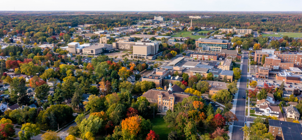 Aerial view of a town with buildings and many trees showing vibrant autumn colors.