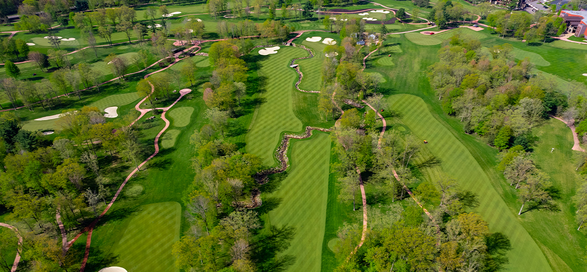 Aerial view of the front nine holes at the SentryWorld golf course