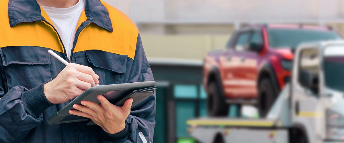 towing-image-LG Insurance expert writing on clipboard while a car is being towed