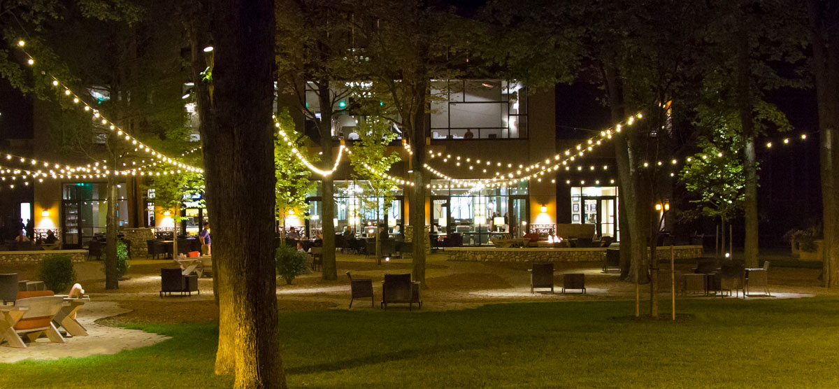 Lights strung on the trees by the PJ's outdoor patio