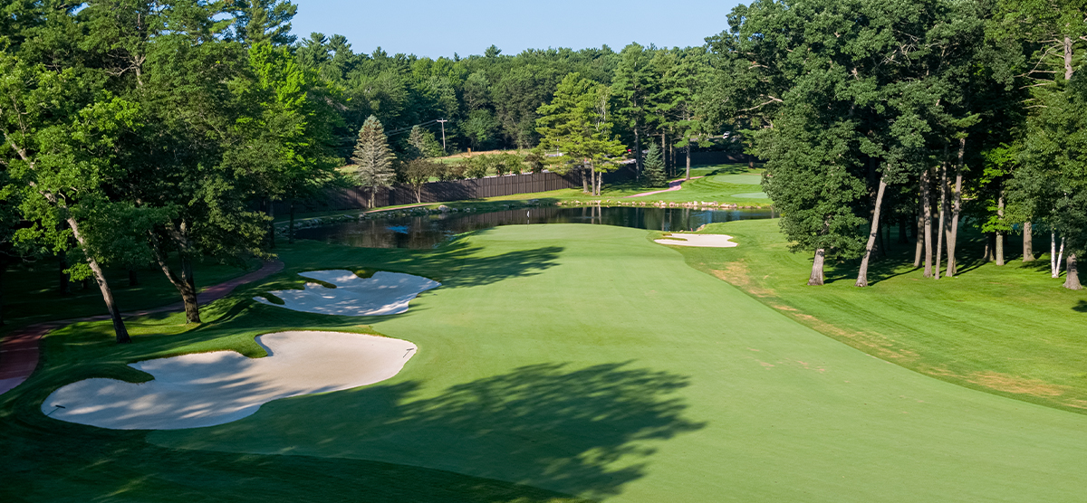 Sand traps and water hazard along the seventeenth hole at SentryWorld