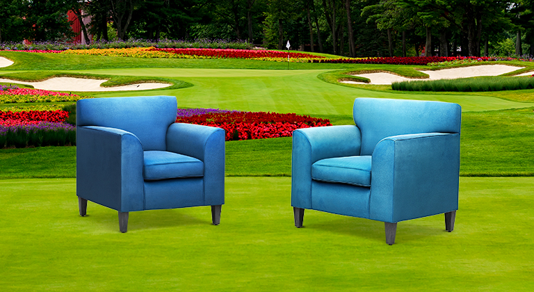 Sentry blue chairs on the SentryWorld golf course in Stevens Point, WI.