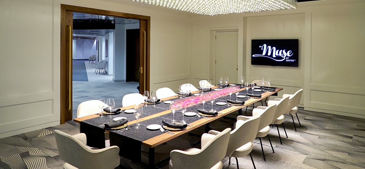 Dining table set for service in the Private Dining Room at Muse