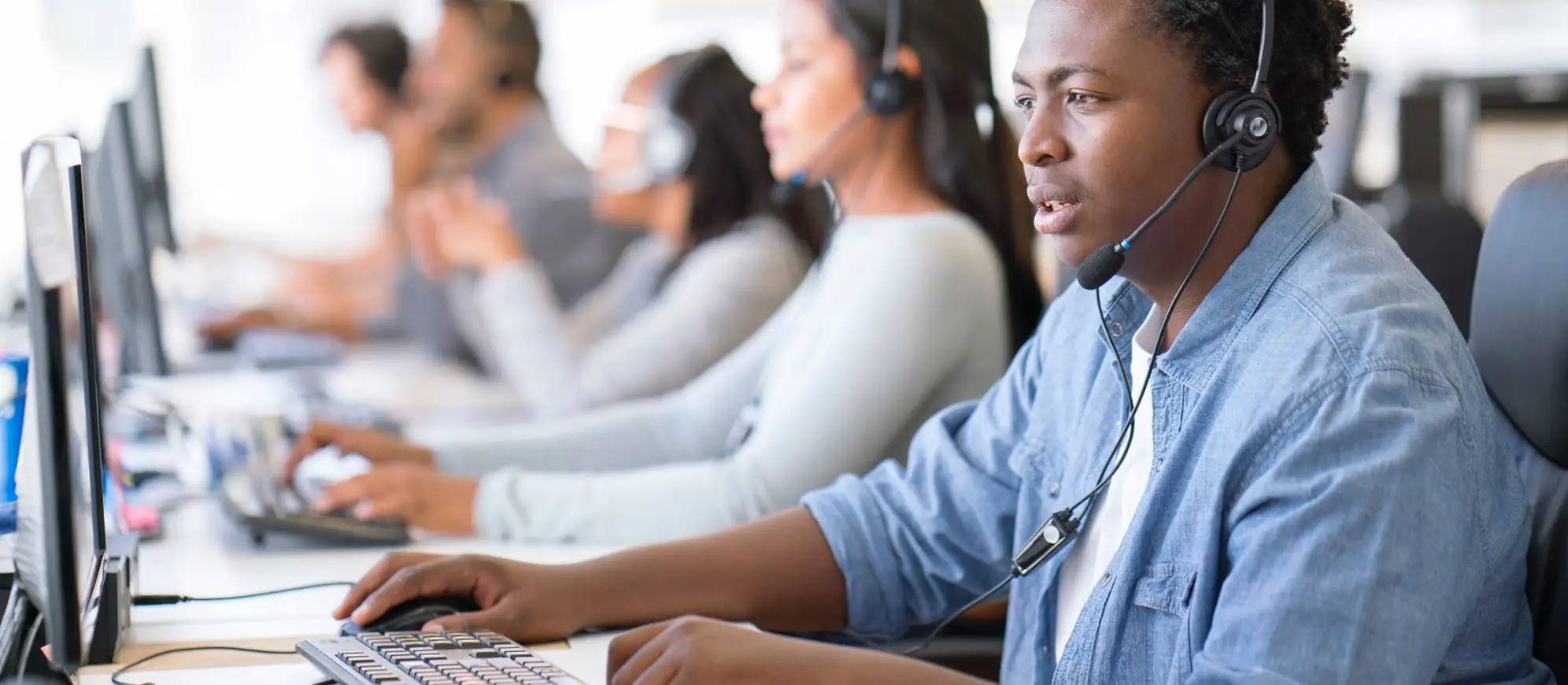 Claims customer service agent with headset