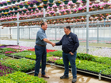 Two people shaking hands in a greenhouse