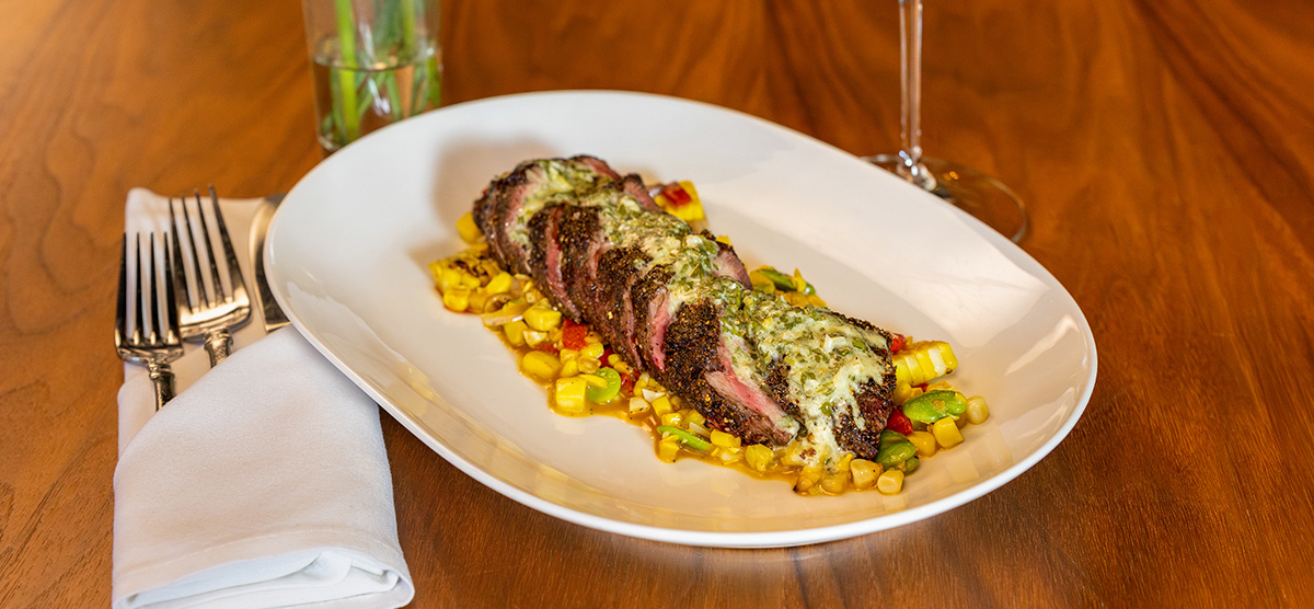 Plate of peppercorn crusted wagyu. 