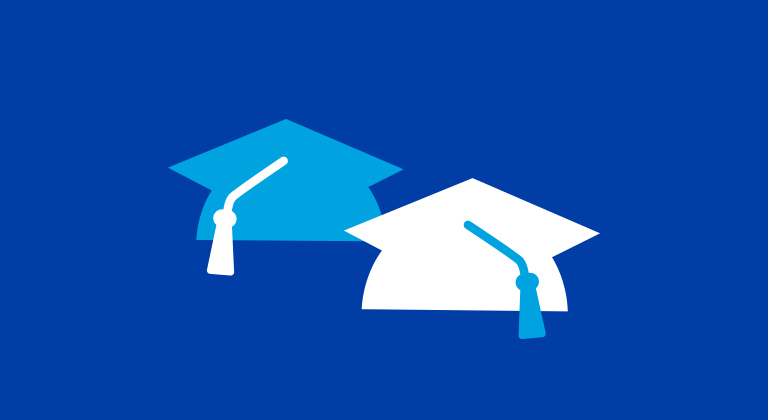 Two graduation cap icons on blue background