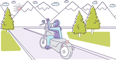 Illustration of a motorcyclist signaling a right turn.